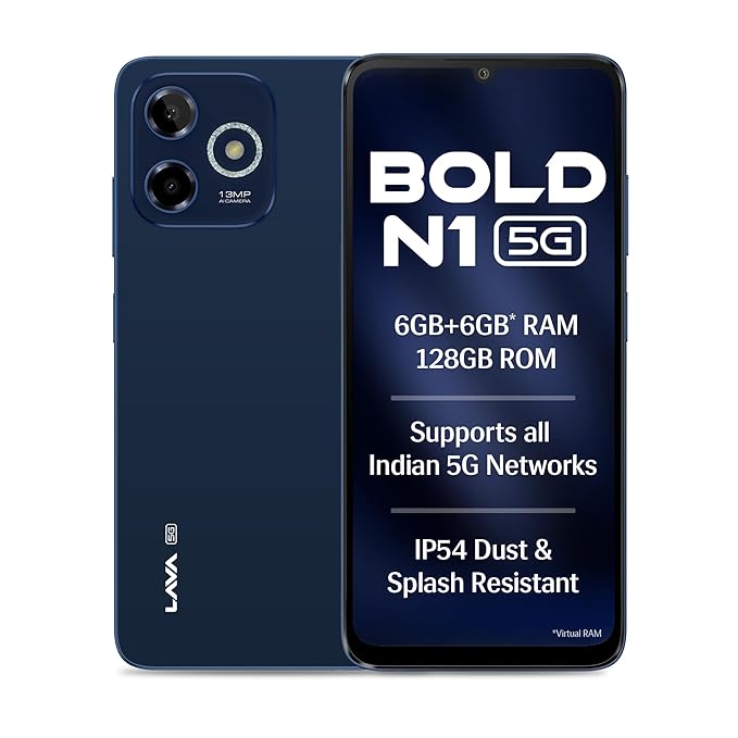 Lava Bold N1 5G (Royal Blue, 6GB RAM, 128GB Storage) |Bigger 6.75" HD+ Notch Display | Octacore 5G Processor | 13 MP AI Camera |5000 mAh Battery| IP54 Rated Dust & Water Splash Proof