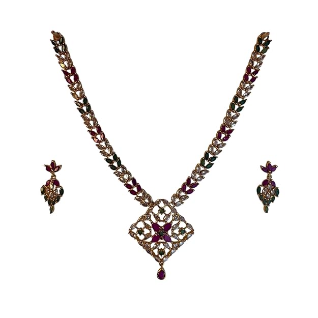 Fashion Necklace Set | Fashion Jewellery | Gold Plated Alloy | Green Pink Stone Necklace with Earrings set | Pack of 1