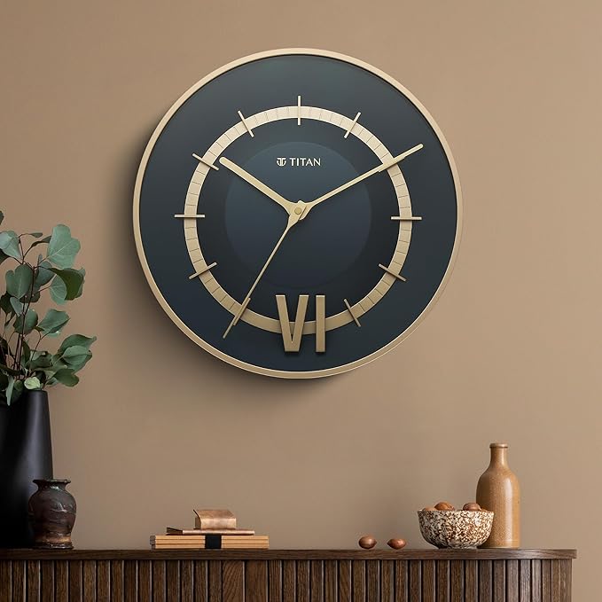 Titan Taper Series Wall Clock with Deep Blue Dial & Gold-Tone Accents, Silent Sweep, Model W0087PA02 | 32 cm x 32 cm x 4.2 cm