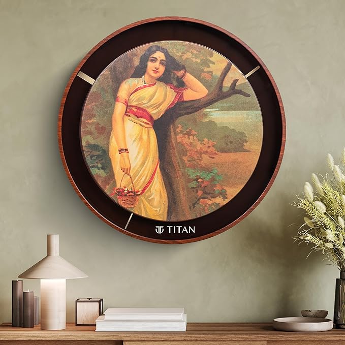 Titan Raja Ravi Verma Series Ahalya Wall Clock with Embossed Dial & Silent Sweep, Model W0095PA02 | 31.7 cm x 31.7 cm x 4.7 cm