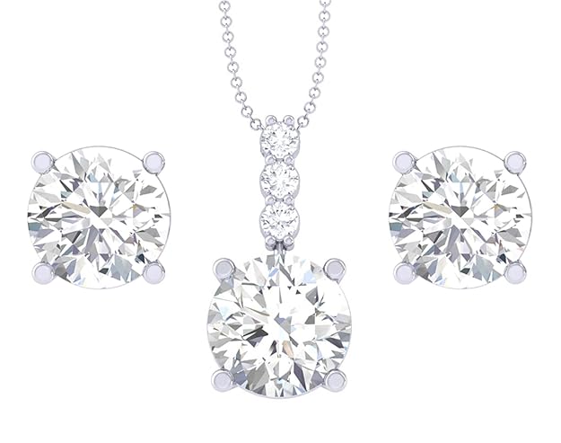 Clara 925 Sterling Silver Round Solitaire Pendant Earring Chain Jewellery Set | Rhodium Plated, Swiss Zirconia | Gift for Women & Girls