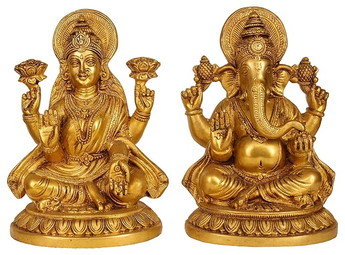 AONA Brass Sitting Ganesha Ganesh Laxmi Lakshmi Idol Statue Murti for Diwali Pooja, Height : 8 inch