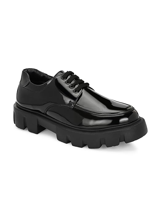 Leo Men’s Chunky Patent PU Casual Shoes Glossy Black Multi-Purpose Lace-Ups for Office, Party & Everyday Wear