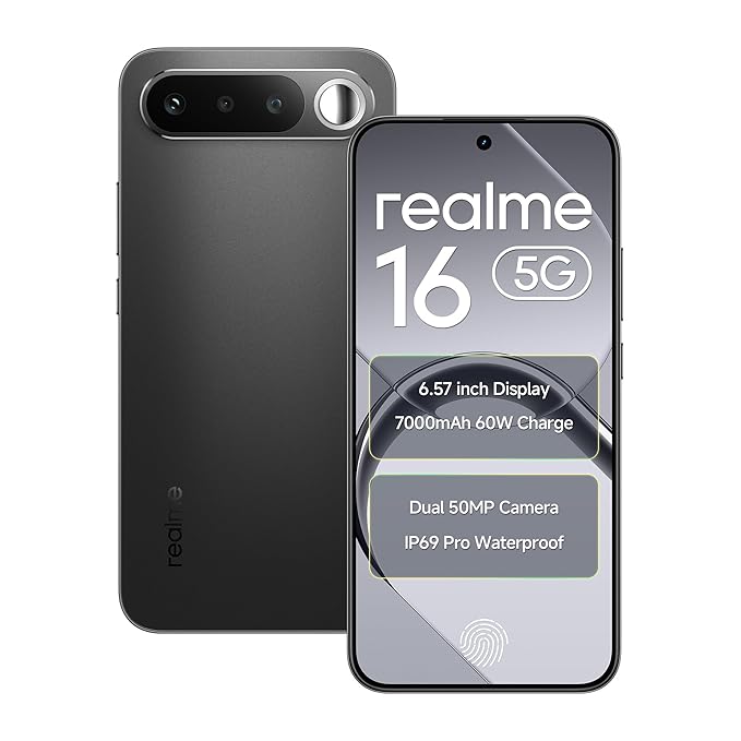 realme 16 5G Smartphone 6.57" AMOLED 120Hz Display, 8GB RAM 128 ROM 7000mAh Titan Battery 60W Fast Charge, Dual 50MP AI Camera, MediaTek Dimensity 6400 Turbo Processor, IP69 Air Black
