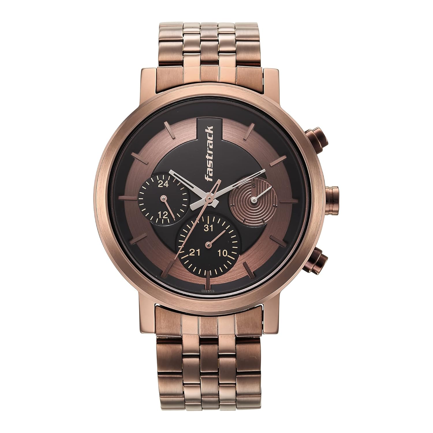 Fastrack Tick Tock Quartz Multifunction Brown Dial Brown Metal Strap Watch for Guys - NT3287QM03