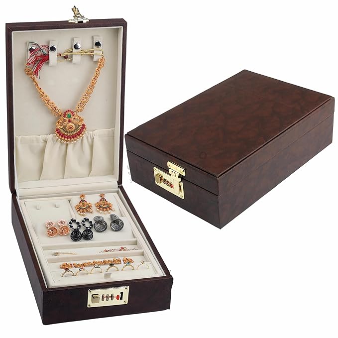 Queen All In One Jewellery Jewel Locker Set Box Organizer Gift Box for Women and Girls - Necklaces, Earrings, Rings, Chains, Bangles - 2 Trays (12x8 Inches, Brown)