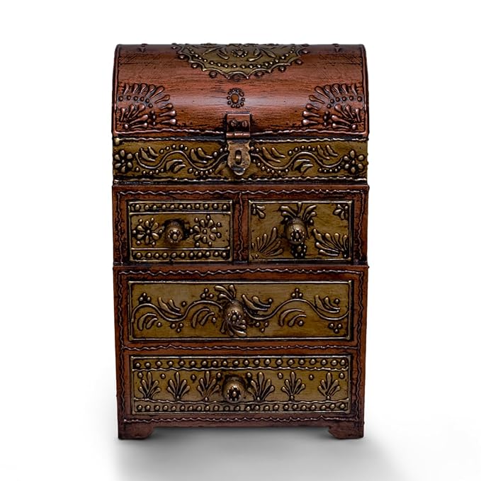 Wooden Handicraft Multi-Layer Jewelry Box Makeup Organizer Storage Box with 4 Layer 6 Drawer, Multiple Compartments, Jewellery Storage Collection Handmade Antique Drawer (Copper)