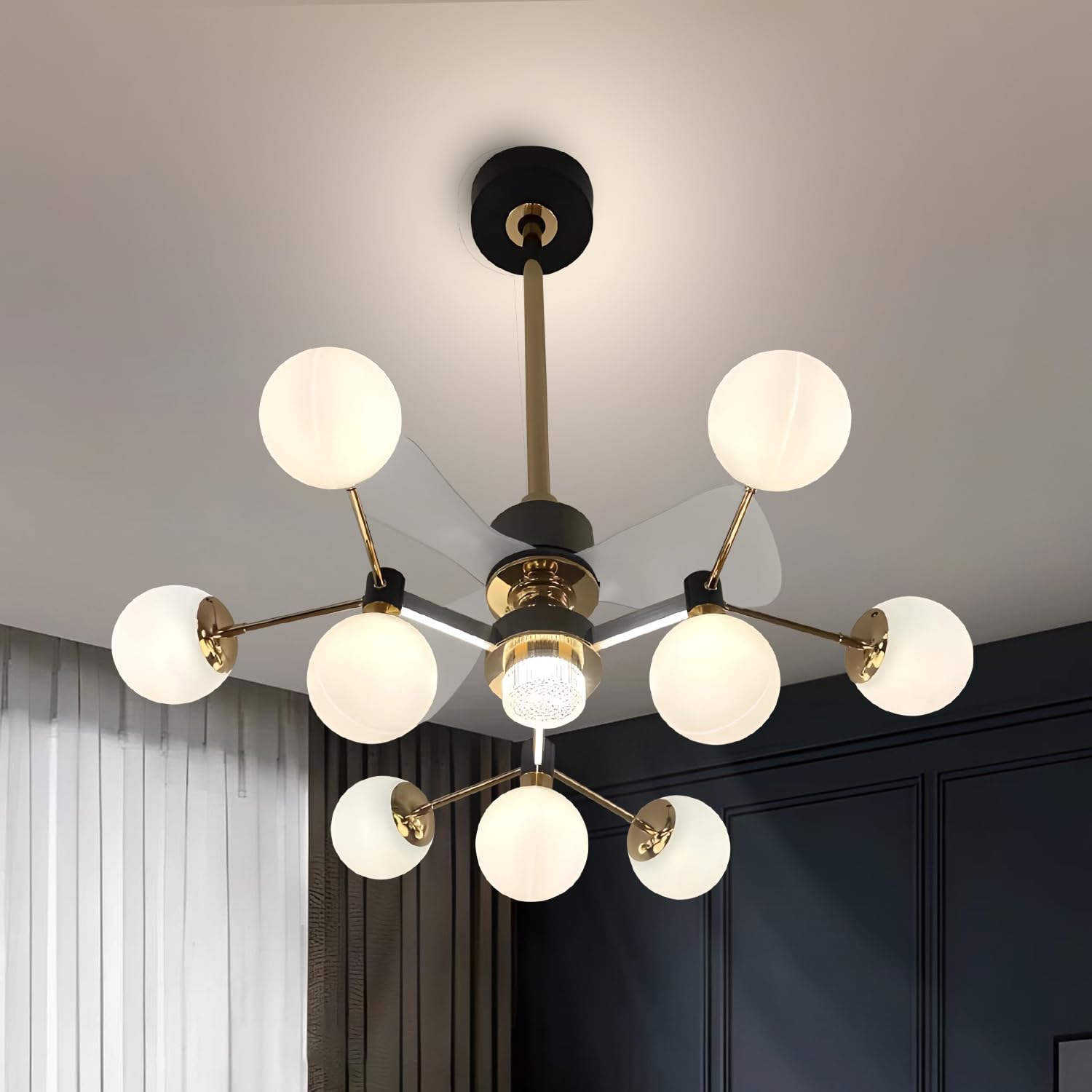 Smartway® Enigma Fan Chandelier | Gold Multi-Arm Spherical Chandelier Fan, BLDC Noiseless Motor, Metal Blades, Alexa Google App Control, LED Fan Light for Living Room Bedroom Hall