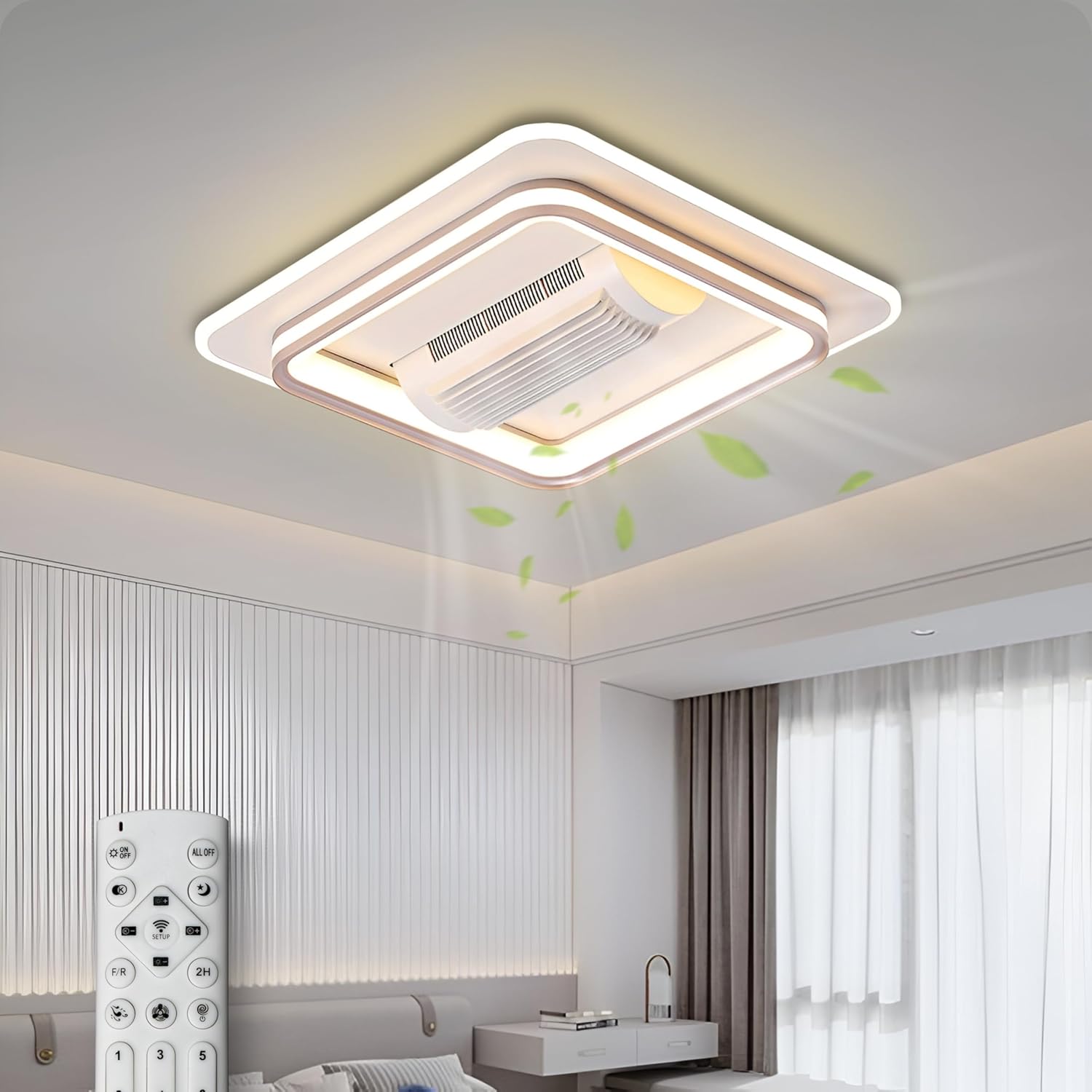 Smartway® - Modern|Living Room|Dining|Bedroom Ceiling Fan Chandelier BLDC Noiseless Motor|Auto Rotatable Blower Fan 3 Color Mode (Warm Cold & Natural White) Remote & App (Square Eastino)
