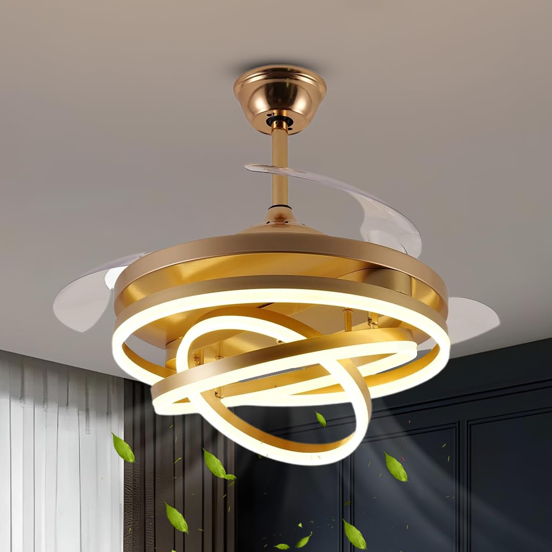 Smartway® 122W Gold Cross Ceiling Fan Chandelier | BLDC Motor with Retractable Blades | 3 Color LED Modes | Remote, App & Voice Control | Modern Fan Cum Chandelier for Living Room & Bedroom