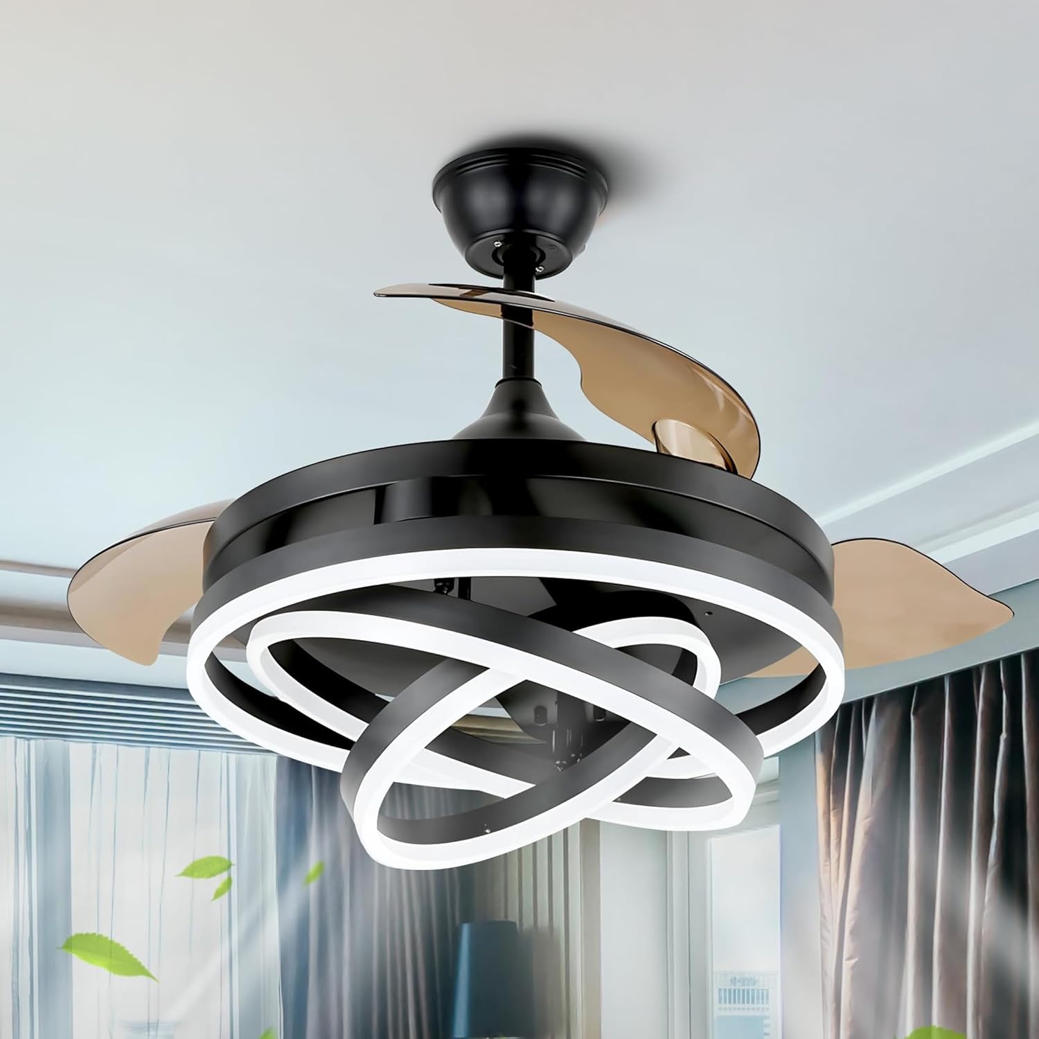 Smartway 122W Black Cross Ceiling Fan Chandelier with BLDC Motor | Retractable Blades | Modern LED Decorative Light 3 Colors | Remote, Voice Assist & App Control for Living Room, Dining & Bedroom