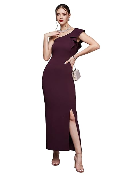 Miss Chase Women's Solid One Shoulder Sleeveless Ruffled Maxi Dress