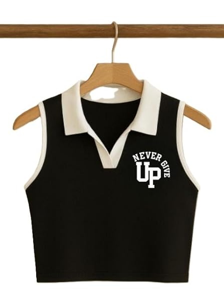 Trendy Sleeveless Crop Top with Collar and Motivational Never Give Up Print for Women