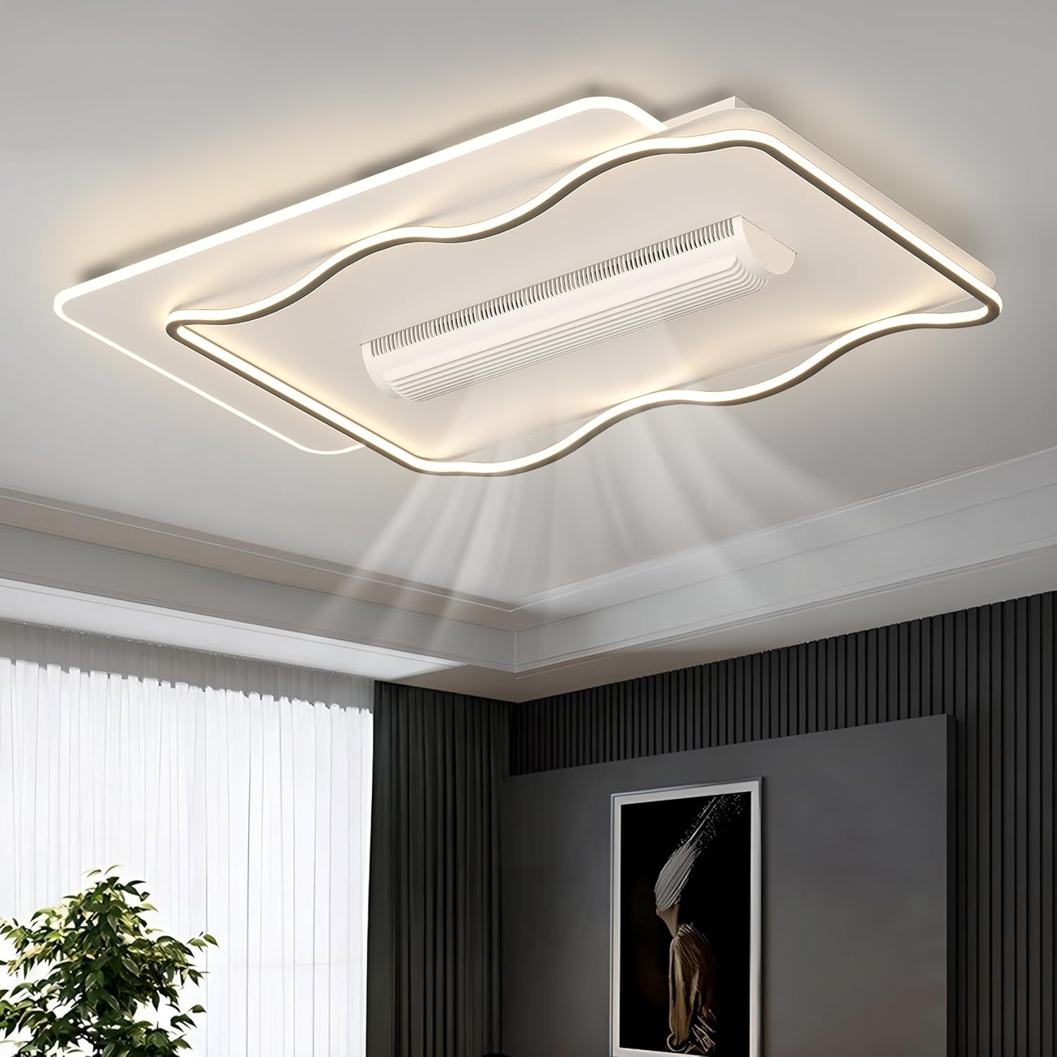 Smartway® - Alonso 90 Watt Modern|Living Room| Dining| Bedroom Ceiling Fan Chandelier BLDC Noiseless Motor | Auto Rotatable Blower Fan 3 Color Mode (Warm Cold & Natural White) Remote & App (Rectangle)