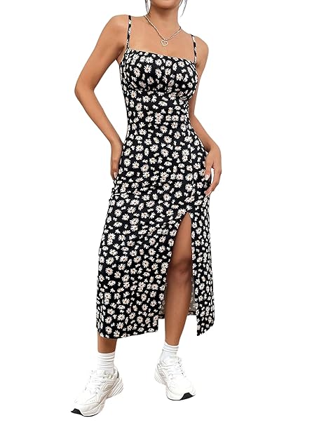Aahwan Yellow Printed Knitted Cami Split Pastel Dresse for Women's & Girl's