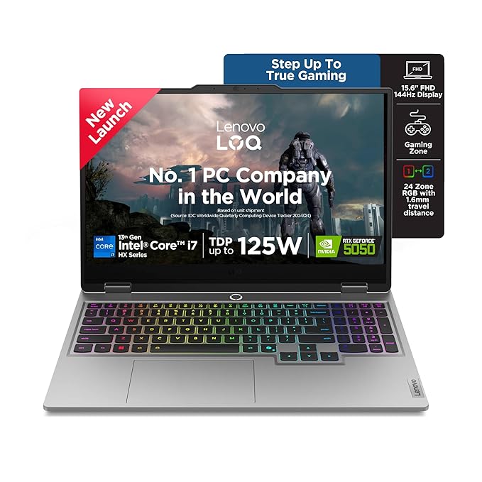 Lenovo LOQ, 13th Gen Intel Core i7 13700HX, RTX 5050-8GB, 16GB RAM, 1TB SSD, FHD, 15.6"/39.6cm, 144Hz, Windows 11, Office 2024, Grey, 2.4Kg, 440 AI Tops, 3 Mon. Game Pass, 83JE00U7IN, AI Gaming Laptop