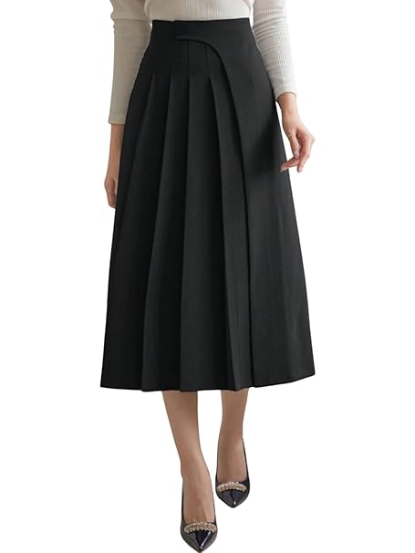 GRECIILOOKS Elegant High Waisted Pleated Midi Skirt for Women, A Line Polyblend Fabric Flared Skirt with Back Zipper, Ideal for Office, Casual and Formal