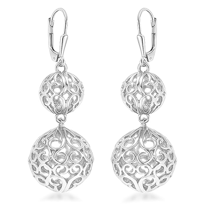 TRUESILVER ACPL 925 Sterling Silver BIS Hallmarked Filigree Ball Leverback Drop Dangle Earrings for Women