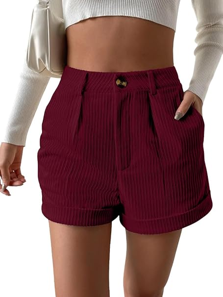 Leriya Fashion Women's High Waist Tailored Shorts, Ribbed Poly Lycra Blend Summer Shorts with Pockets & Button Closure, Elegant Folded Hem Casual Wear for College, Brunch & Daily Outings