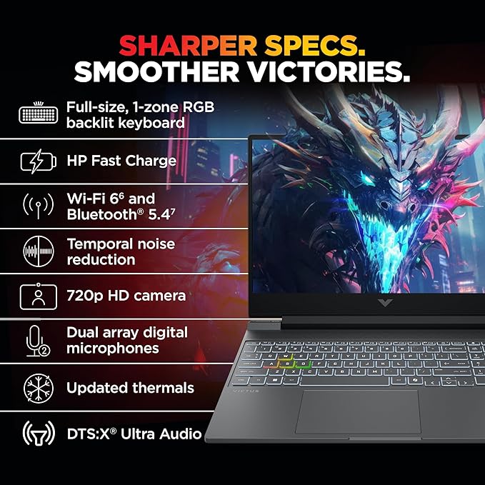 HP Smartchoice Victus, 14th Gen Intel Core i5-14450HX, 6GB RTX 3050 (24GB DDR5, 512GB SSD) FHD, 144Hz, 15.6''/39.6cm, Win11, M365* Office24, Mica Silver, 2.3kg, fa2303tx/fa2315tx, RGB Gaming Laptop