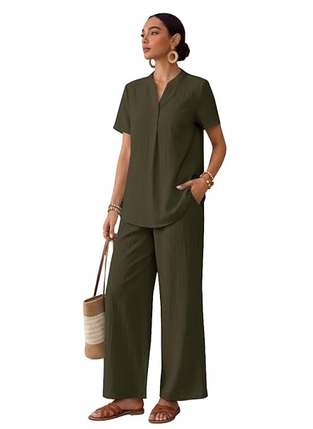 TOPLOT Women's Co-ord Set | Stylish Matching Top & Bottom Set | Notch Neckline with Button Detail | Loose-Fit, Short-Sleeve Top with a Relaxed Silhouette |Ideal for Casual (5250)
