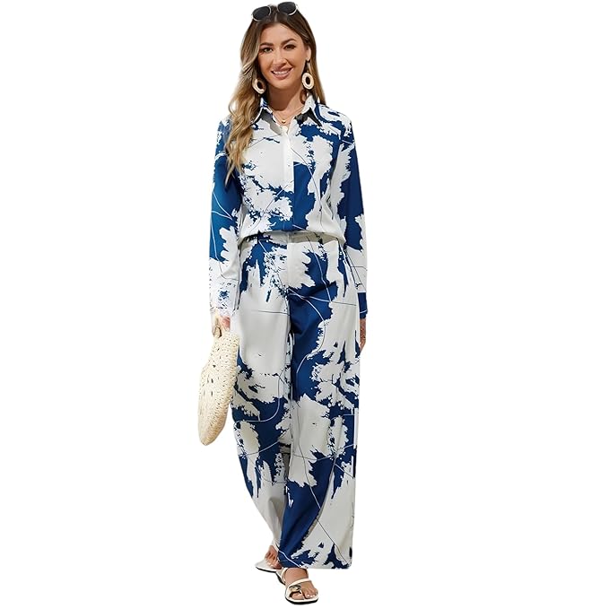 Gufrina Women's Rayon Co-Ord Set with Button-Up Top & Wide Leg Pant 3/4th Sleeves Collar Neck Printed Pattern Regular Fit and Standard Length