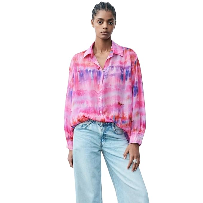 Gufrina Women's Rayon Shirt with Full Puff Sleeves Spread Collar Neck Tie Die Printed Oversized Fit Button Down and Standard Length