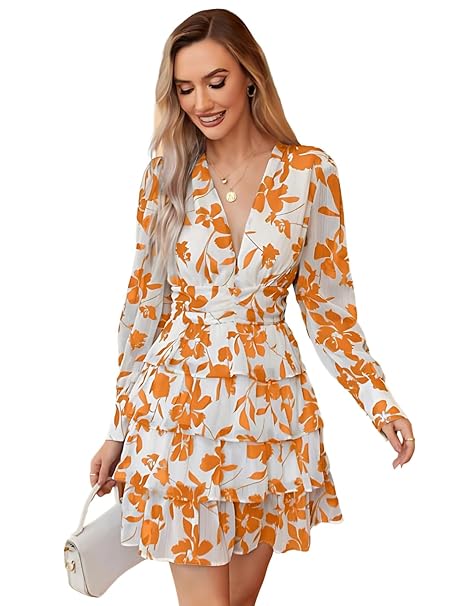 Leriya Fashion Women’s V-Neck Floral Print Ruffle Long Sleeve A-Line Mini Dress | Elegant Casual Party Outfit | Lightweight Layered Summer Wear