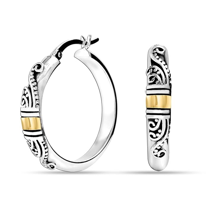Amazon Brand - Nora Nico 925 Sterling Silver BIS Hallmarked Lightweight Antique Bali Hoop Earrings for Women and Girls