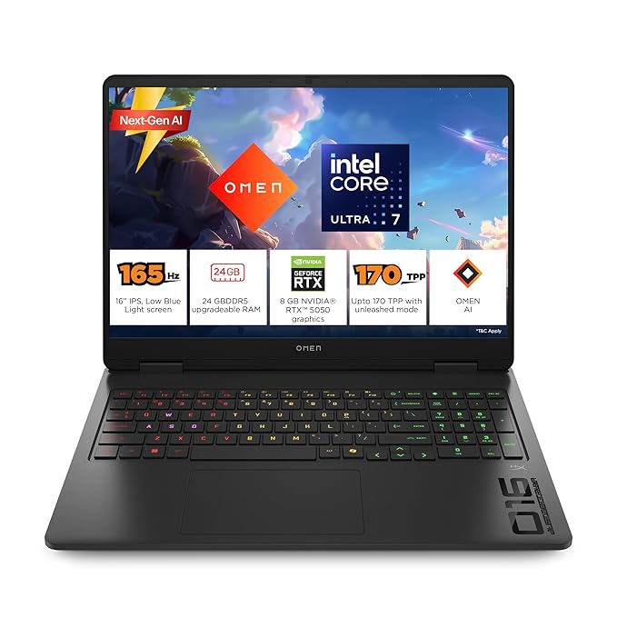 HP Omen, Intel Core Ultra 7 255H, 8GB RTX 5050, 24GB DDR5(Upgradeable) 1TB SSD, 2K, 165Hz, 3ms Response time, IPS, 16''/40.6cm, Win11, M365*Office24, Shadow Black, 2.43kg, am0240tx, RGB Gaming Laptop