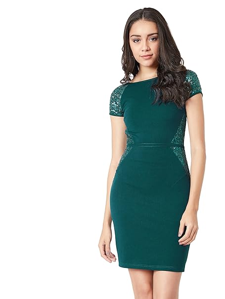 Miss Chase Women's Green Round Neck Raglan Sleeves Solid Bodycon Paneled Mini Dress