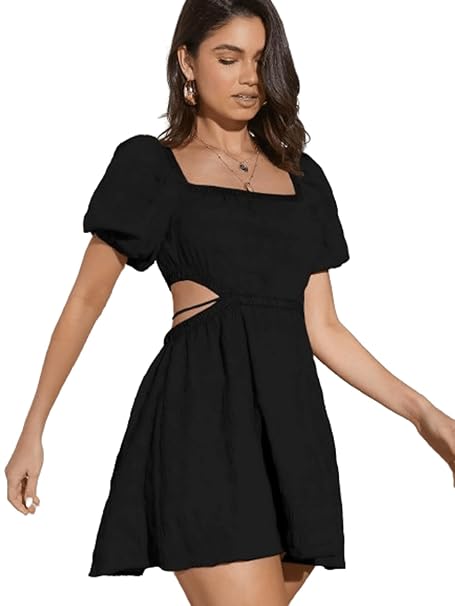 Aahwan Women's & Girl's Fit and Flare Black Solid Summer Beach Square Neck Puff Sleeve Cut Out Waist Mini Dress