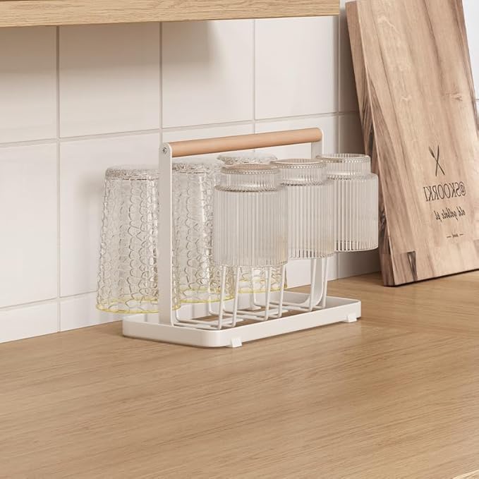 ARHAT ORGANIZERS Glass Holder with Wooden Handle | Glass Stand for Dining | Mug Cup Organizers | 6 Glass Cup Drying Holder for Kitchen (White)