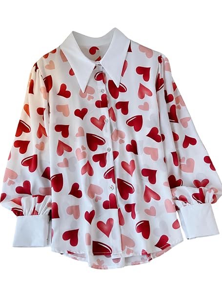 GRECIILOOKS Women Rayon Printed Tops|| Stylish Heart Print Collared Full Sleeve Western|| Trendy Casual Office Wear Tops