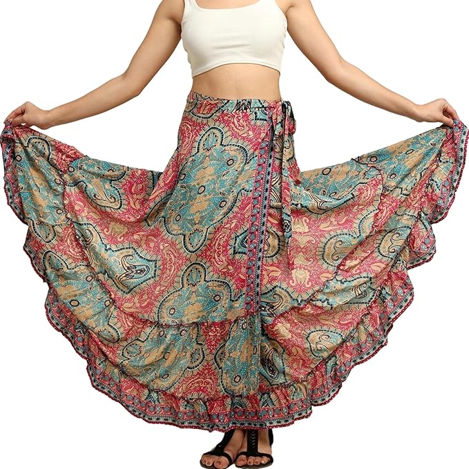 KE KANHA EXPORTS Women Long Flared Skirt | Multi Styling Wrap Skirt for Woman Halter Dress Boho Maxi Dress | Soft Silky Ethnic Print