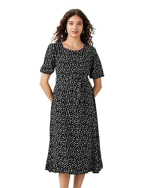 Amazon Brand - Symbol Women's Rayon Fit and Flare One Piece Midi Length Dress (with Self Fabric Belt) (Available in Plus Sizes)