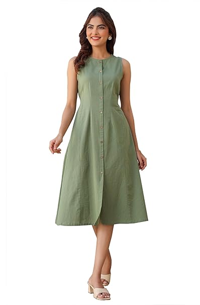 Janasya Women's Rust Linen Cotton Solid A-line Dress