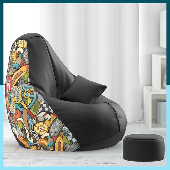 Biggie Bean Bag 5XL Bean Bag Chair with Beans Filled - Bean Bag Sofa with Footrest - Sports-Themed Black Green Bean Bags for Living Room, Bedroom - Free Cushion & Footrest - Customcoziness Combo