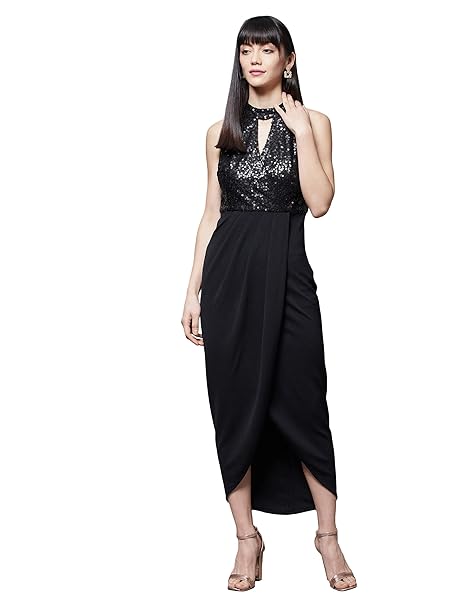 Miss Chase Women's Wine Halter Neck Sleeveless Solid Embellished Midi Dress