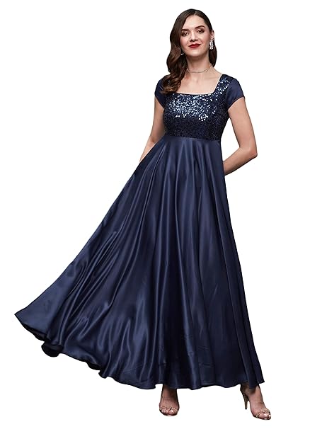 Miss Chase Women's Halter-Neck Cap-Sleeve Pleated Embellished Georgette Maxi Dress