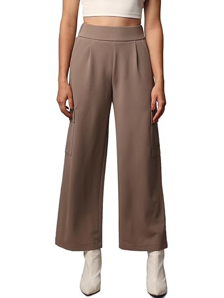 ONLY Womens High Waist Straight-Fit Cargo Trousers | Front Scoop Flap Pockets | Wide Leg Cargo Pants