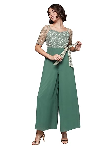 Miss Chase Women's Square Neck Raglan sleeve Embroidered Regular Jumpsuit