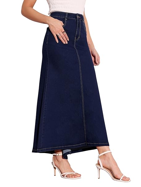 Miss Chase Women's Flared High-Rise Stretchable Denim Maxi Skirt