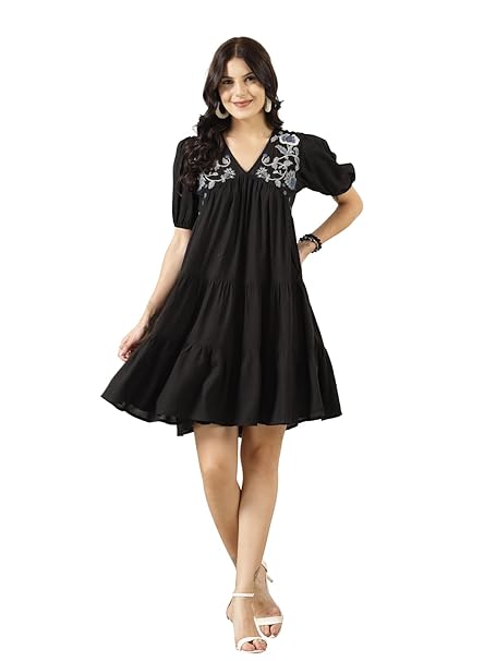 Stylum Women's Solid & Embroidered Rayon Flared Dress