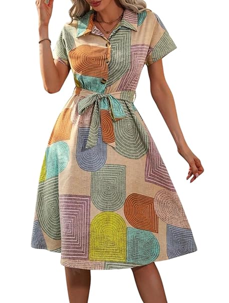Gufrina Women's Short Sleeve Collar Neck Dress - Geometric Print Button-Down Midi Dress with Tie-Up Belt