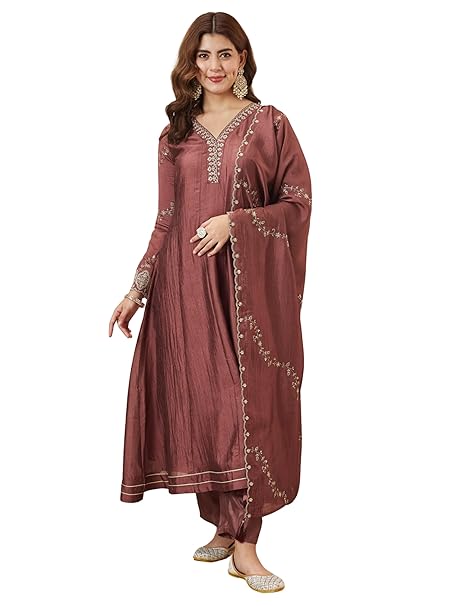 MOKOSH Women's Silk Embroidered Anarkali Kurta and Pant Set with Dupatta | 3 Piece Ethnic Kurta Set for Women | Regular Fit Traditional Outfit | Festive Anarkali Set for Women