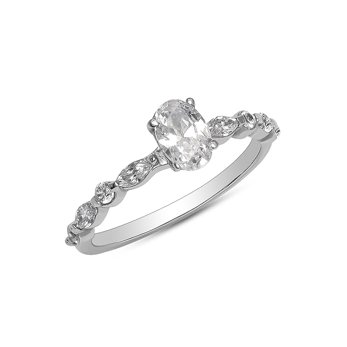 TRUESILVER ACPL 925 Sterling Silver CZ Rings for Women | BIS Hallmarked Rhodium-Plated Round Halo Cubic Zirconia Engagement Rings | Wedding Band Promise Ring