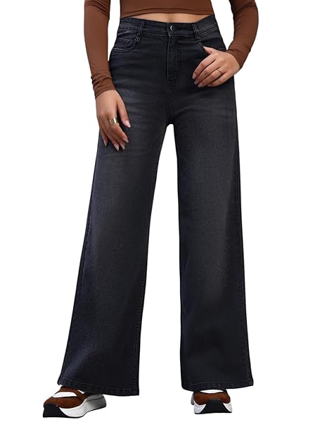 Amazon Brand - INKAST Women High Rise Wide Leg Full Length Cotton Poly Lycra Jeans | Casual Denim Wear