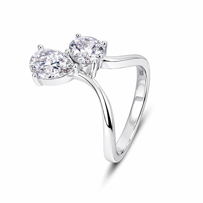 925 Sterling Silver Adjustable Ring for Women with White Cubic Zirconia | Dual Stone Open Finger Ring Design | Hallmarked Sterling Silver Jewellery for Everyday Wear