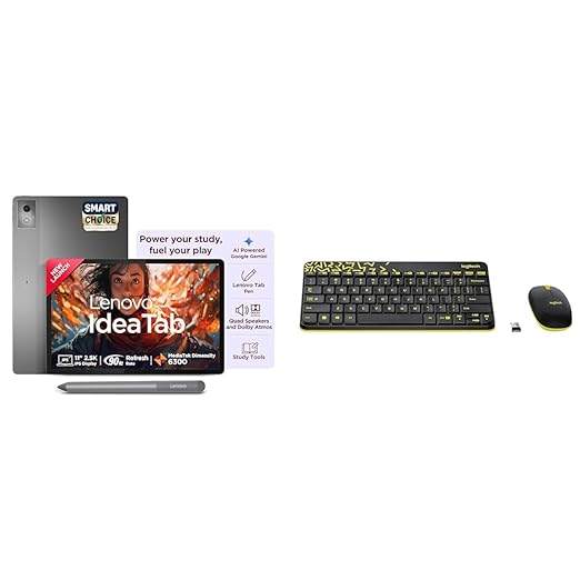 Lenovo Idea Tab Smartchoice with Pen|5G + Wi-Fi|11 Inch,2.5K Display, 500 Nits Brightness|8GB RAM + 256GB ROM(Expandable Up to 2 TB) + Logitech MK240 Nano Wireless USB Keyboard and Mouse Set